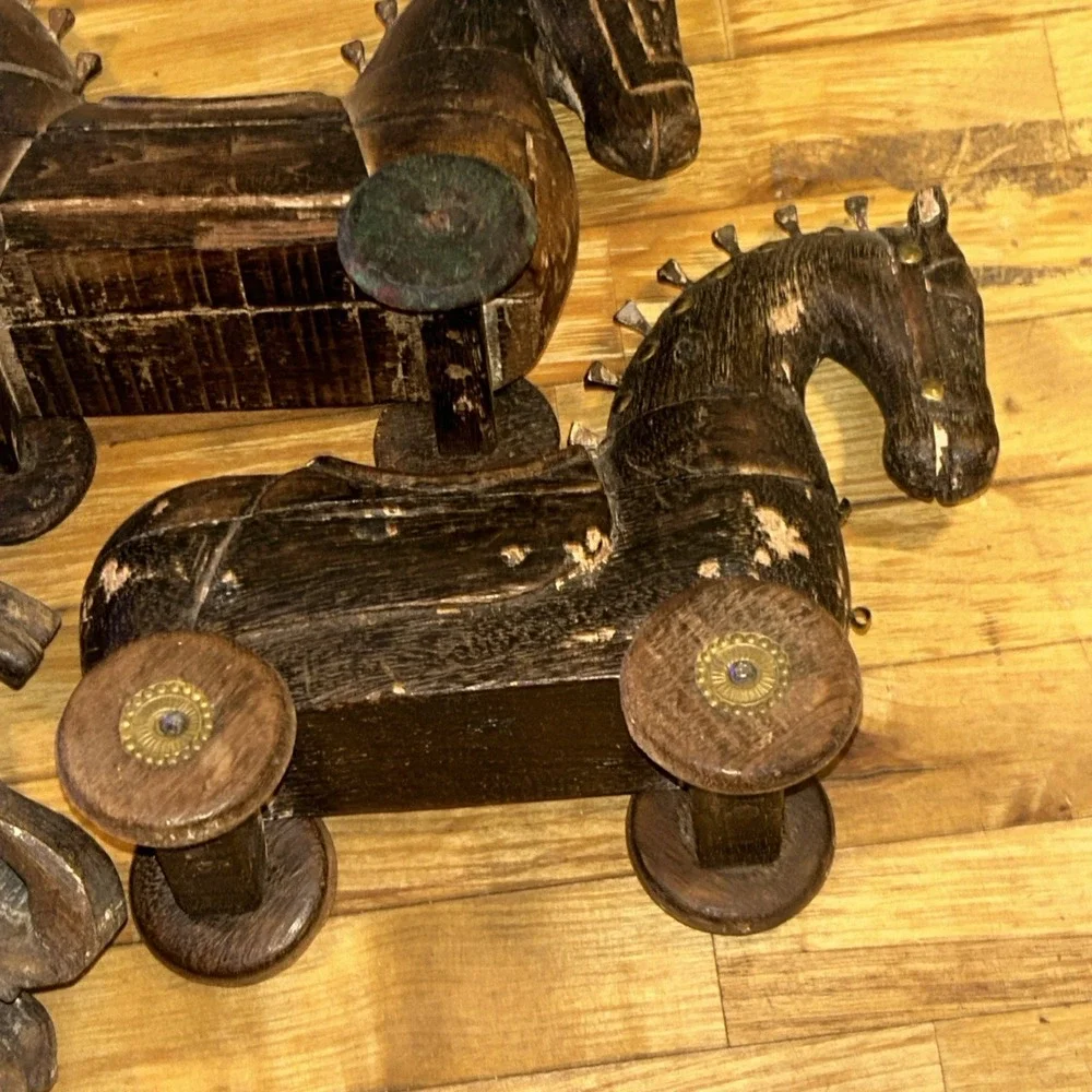 Folk Art Carved Wooden Horses on Wheels Locking Storage Compartments Vintage